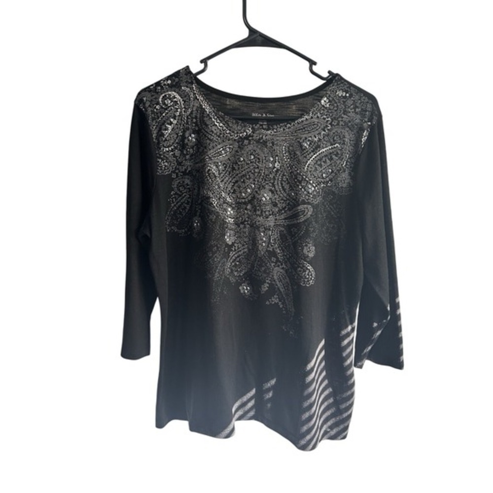 White‎ Stag Shirt Women XL Black Excellent Paisley Sequin 3/4 Sleeve